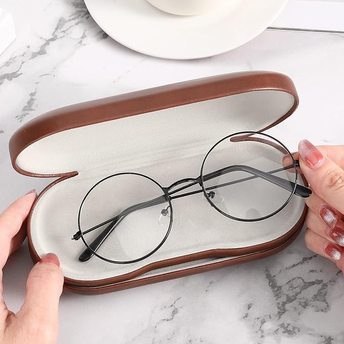MoKo Double Eyeglass Case, Contact Lens Case with Mirror Tweezers Remover, 2 in 1 Double Sided Portable Contact Lens Box Holder Container Soak Storage Kit Sunglasses Pouch for Men & Women, Brown