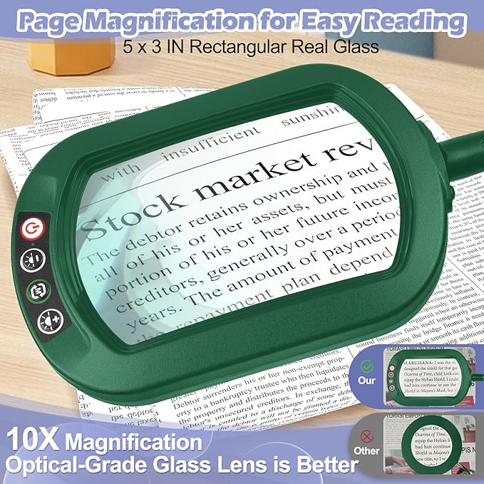 Drdefi 10X Rectangular Real Glass Magnifying Glass with Light and Stand, 24" Flexible Gooseneck Floor Lamp, 5 Color Modes Stepless Dimmable, 3-in-1 Lighted Magnifier Light Hands Free for Reading Green
