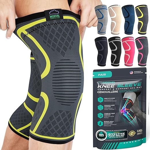 Modvel 2 Pack Knee Brace for Women & Men - Workout Knees Compression Sleeve for Knee Pain Relief Joint Support for ACL, Arthritis, Meniscus Tear Knees Brace for Sports, Rodilleras para Gym Fitness