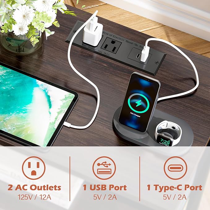 SUPERJARE Nightstand Set of 2 with Charging Station, USB-C Port, End Tables | Night Stand for Bedroom, with Adjustable Fabric Drawer, 3-Tier Storage Bedside Tables for Living Room, Walnut