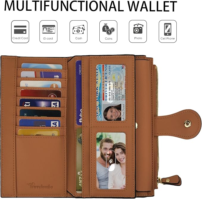 Travelambo Women's Wallet RFID Blocking Trifold Clutch Large Capacity Credit Card Holder Travel Purse