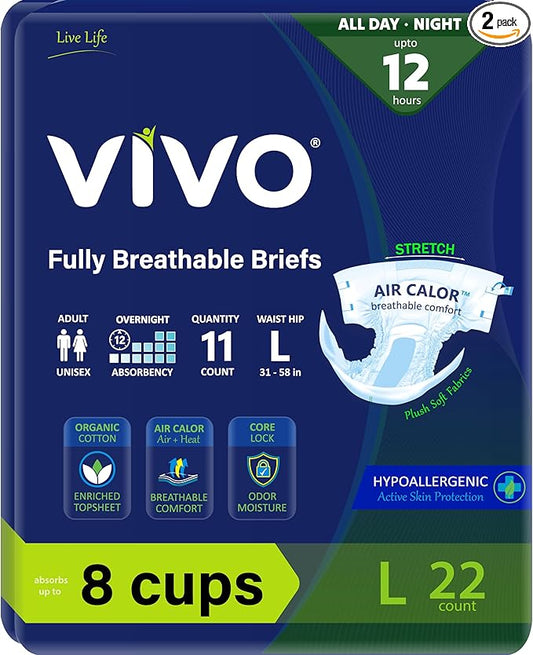 VIVO Organic Cotton Overnight Sensitive Skin Adult Incontinence Diaper Briefs with Tabs, Large 22 Count