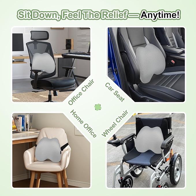 Lumbar Support Pillow Office Chair Car Back Pillow Ergonomic Lower Back Pain Relief Breathable Air Fiber Cushion with Hours Sitting on Worker Driver & Handicapped, Adjustable Strap (Light Gray)