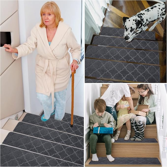 Stair Treads for Wooden Steps 15pcs 8x30in Non-Slip Stairs Carpet Runner | Indoor Stair Mats for Kids Elders and Pets