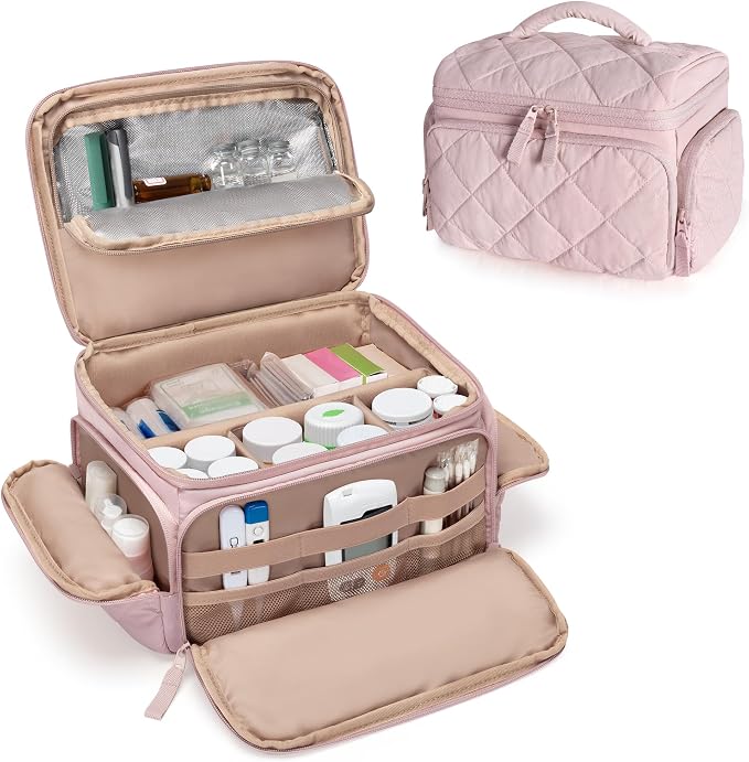 Marscamd Pill Bottle Organizer with Insulated Pocket, Pink (Bag ONLY) | with 4 Customized Dividers & Padded Protection for Pill Bottles, Insulin and First Aid Supplies