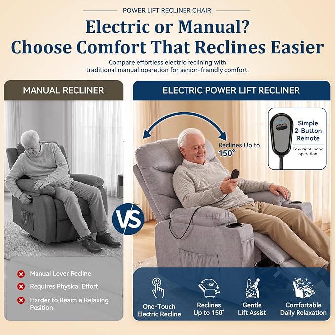 Electric Power Lift Recliner Chair for Elderly, Lift Recliner Chair with Massage and Lumbar Heat, 150° Reclining Chair with Cup Holders, Side Pockets and Remote Control, Ideal for Living Room (Grey)