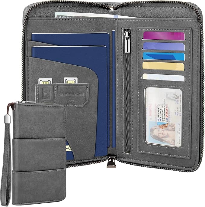 RFID Family Passport Holder Wallet - Travel Document Organizer | PU Leather, with Wristlet, Zipper, Cards, Boarding Pass, ID, Cash, Ticket Pockets,Travel Essentials Gifts for Women Men