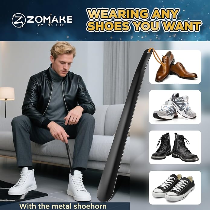 ZOMAKE Shoe Horn Long Handle for Seniors Men Women,16.5" Metal Long Shoehorn for Boots Shoe Spoon Helper