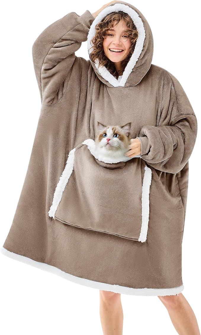 JOYWOO Nude Wearable Blanket Hoodie,Oversized Cat Lovers Sweatshirt Blanket for Adult & Teens,Birthday Gifts for Women Mom Wife Girlfriend,Cozy Sherpa Hooded Blanket Giant Pocket Gifts,Nude Small