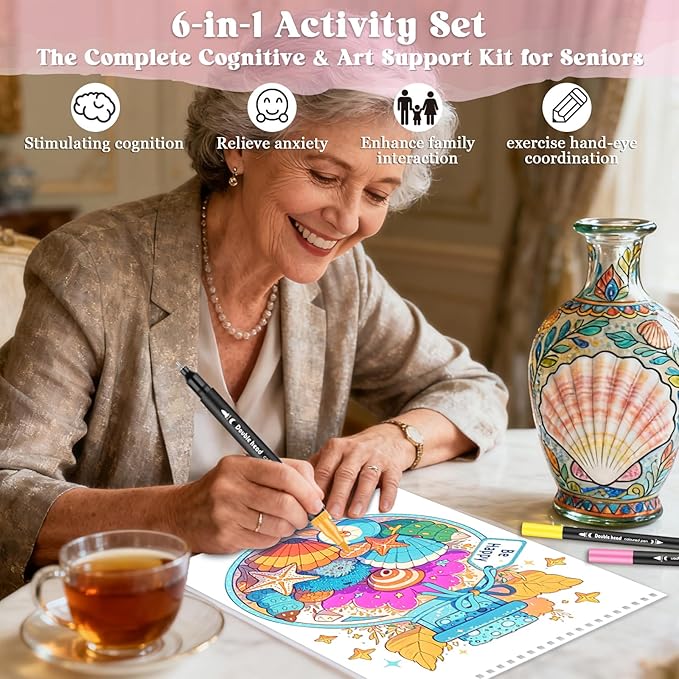 Vashly Large Print 350+ Memory Activities for Seniors: 6-In-1Set Brain Exercise Books with Sudoku, Crossword, Word Hunt & Coloring Books, A4 Spiral Bound, Includes 24 Markers, Gift for Elderly Adults