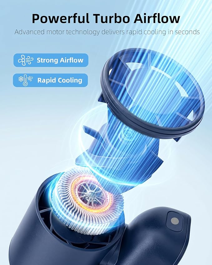 FrSara Portable Neck Fan that Blows Cold Air Rechargeable, Personal Battery Powered Cooling Device with USB TYPE-C, LED Display, Light, 3-Speed, 3000mAh, Ideal Present for Women, Men, Travel, Blue