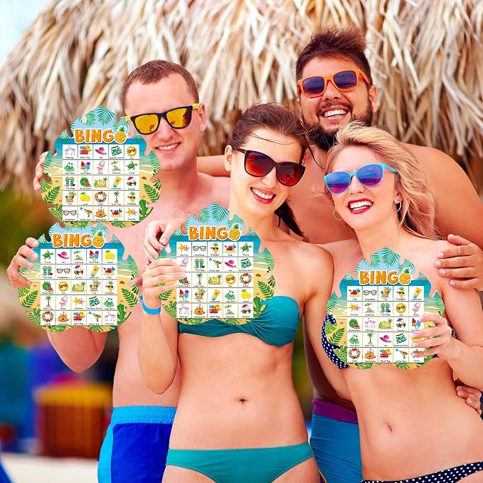 39Pcs Hawaiian Bingo Game for Adults Kids 24 Players Tropical Summer Palm Leaves Bingo Game Cards with Reward Stickers for Family Friend Student Large Group Activities Luau Theme Party Supplies Favors