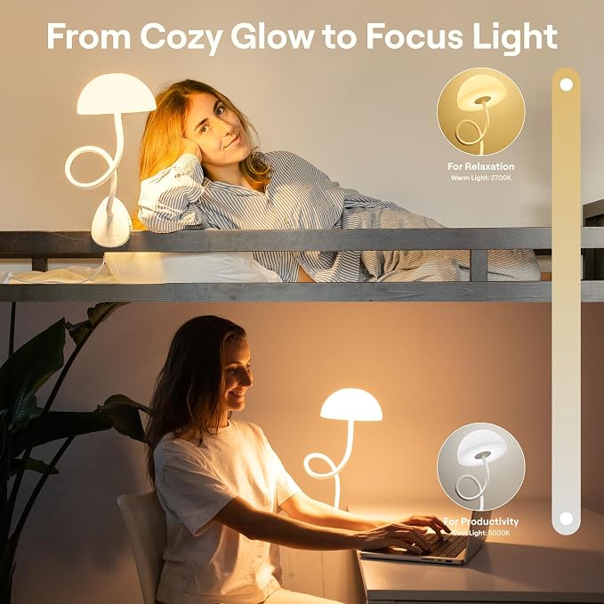 Shroommate Clip On Light for Dorm Room - 2.0 (White) | Bed Headboard Lamp, Bedside Table Lamp Dorm, College Dorm Room Essentials, Night Light Kids Nursery, MultiColor LEDs