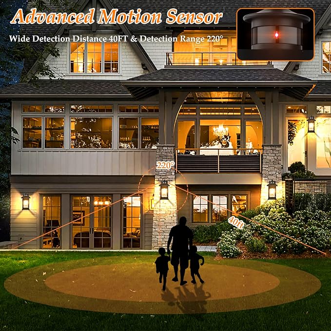 FILIYANO Motion Sensor Outdoor Wall Lights, Dusk to Dawn, Black, 2 Pack | Anti-Rust, Waterproof Exterior Fixtures with 3 Modes, Modern Farmhouse Coach Lights for Front Door, Garage, Porch and Patio