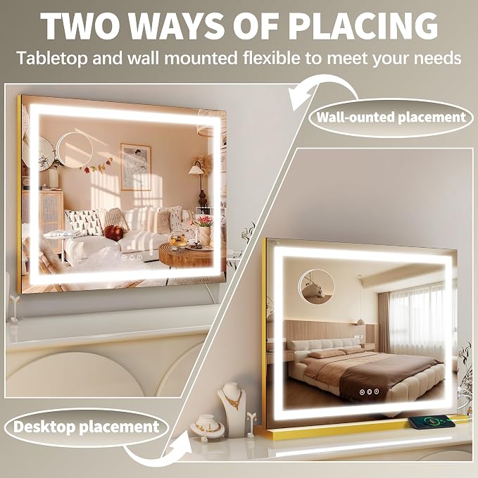 FENNIO 23" x 18" Vanity Mirror with Lights，LED Makeup Mirror，Hollywood Mirror with 3 Color Modes & Adjustable Brightness，Vanity Mirror Square Gold