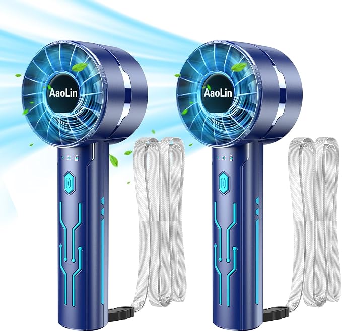 AaoLin 2pcs Portable Handheld Turbo Fan with 7000rpm High-Speed Motor USB Rechargeable Cooling Personal Fan 4-Speed, 4-16H Runtime, with Lanyard for Outdoor Travel, Women, Kids, Summer Gift