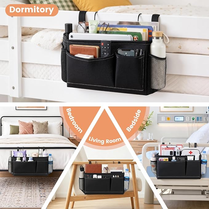 Bedside Caddy for Dorm Bed, Bedside Storage Bag Hanging Organizer | Metal Frame, Water-Resistant Lining, Fits Bed Rails up to 2.2 In, Adjustable Straps, Bunk and Hospital Beds(2 Pack, Black)