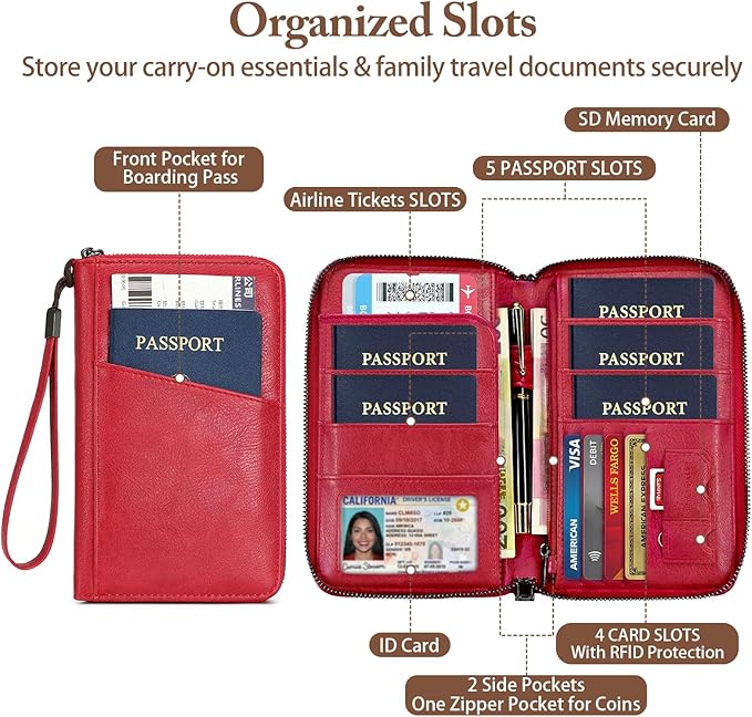 Family Passport Holder for Travel Women and Men Multiple RFID blocking Passport Holder MultiFunction Passport Wallet Passport Case Passport cover with Zipper