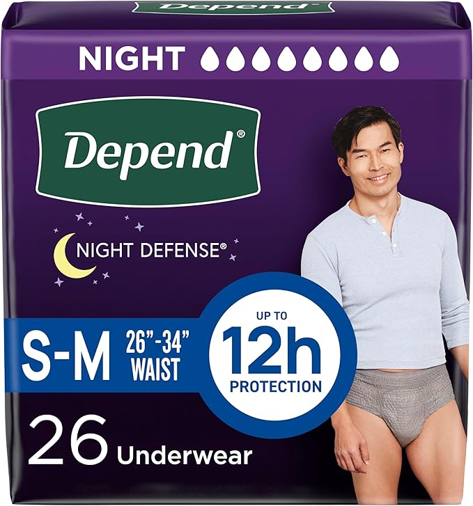 Depend Night Defense Adult Diapers, Incontinence Underwear for Men, Disposable, Overnight, Small/Medium, Grey, 26 Count, Packaging May Vary