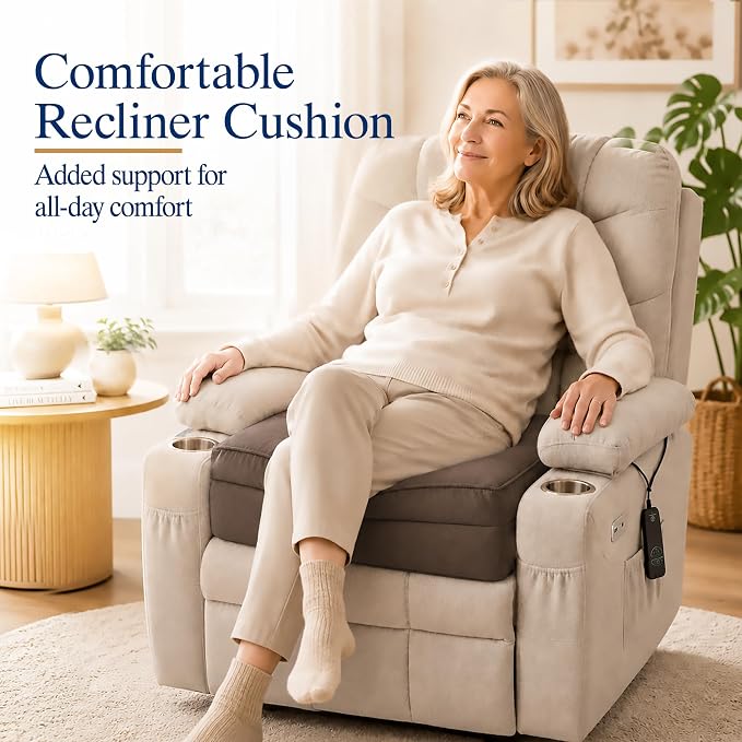 Allaboutsla Recliner Seat Cushion, 20x20x5 Lift Chair Cushion for Elderly | Comfy Dual-Layer Recliner Cushion Adds Height, Thick Recliner Cushion for Long Sitting, Non-Slip Chair Pad for Recliner Brown