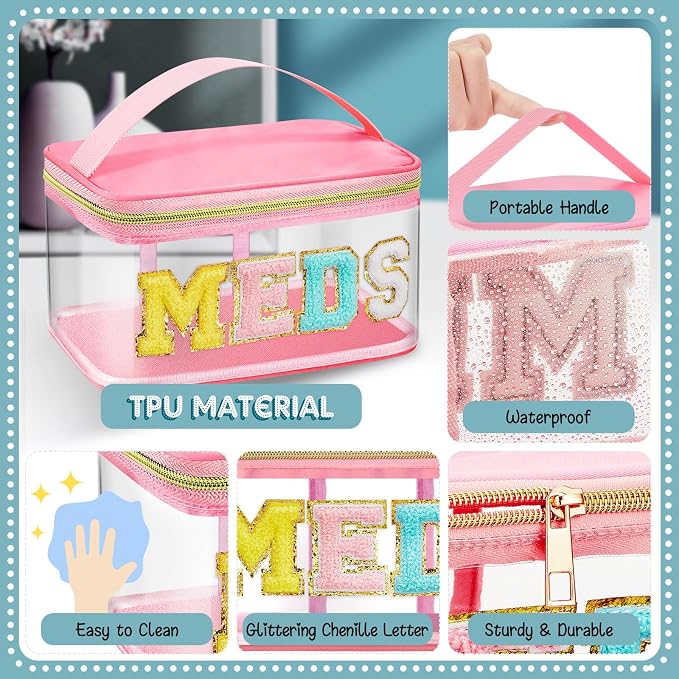 Geetery Chenille Letter Bag, Meds Cheer Travel Cases Cheerleader Gifts Cosmetic Bag Nylon Makeup Portable Preppy Patch with Zipper Toiletry Storage Case for Women(Pink,Meds)
