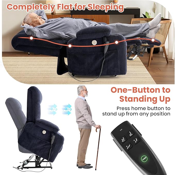 Dual Motor Power Lift Recliner Chair for Elderly, Infinite Position Lift Chair for Elderly W/Massage & Heat, Lay Flat Lift Recliner With Cup Holders, One-Touch Reset, Lumbar Pillow, Fabric (Navy)