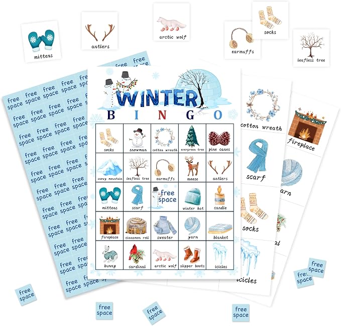 Winter Bingo Game Cards, Snowman Bingo Games for Adults, Winter Woodland Bingo Cards Supplies, Christmas Birthday Party Decor Favors, Card Gifts for Women Friends Family Holiday