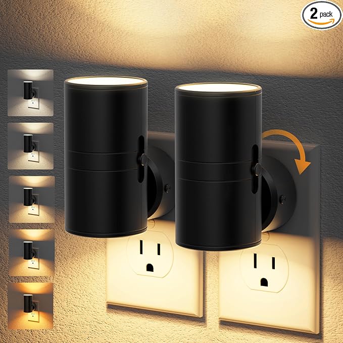 JandCase LED Night Light, Night Lights Plug into Wall with Dusk to Dawn Sensor, 5 Color Temperatures, Rotating Plug, Dimmable Nightlights, Adjustable Brightness for Bedroom Bathroom Hallway, 2 Pack