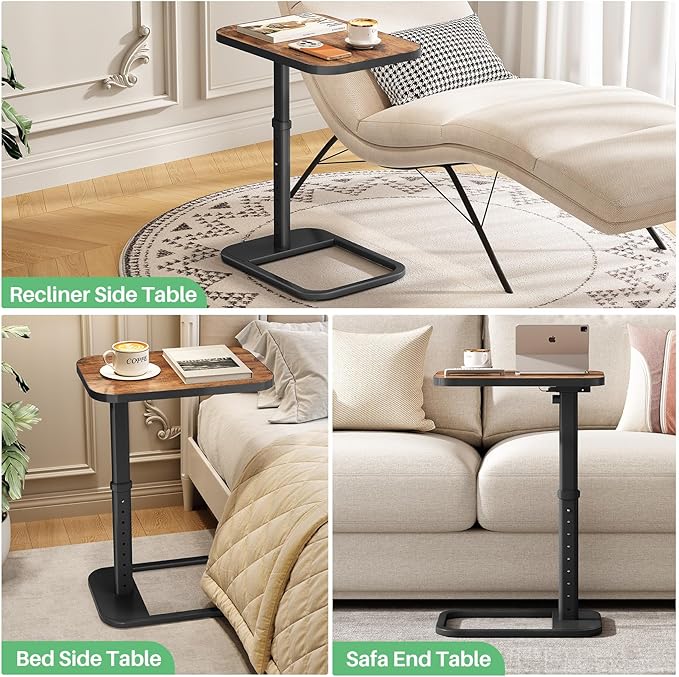 Kitstorack Upgraded TV Tray Table with Panel Lock, 90° Flip-Over Design & Adjustable Height, Sofa Arm Side Table for Eating, Laptop, Couch, Bed, or Small Spaces, Brown