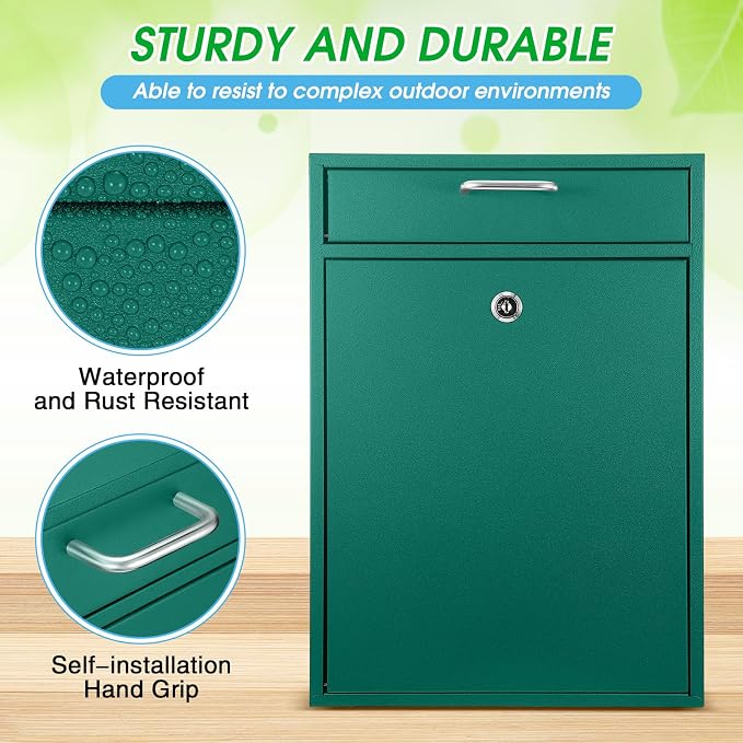 Yaocom Locking Mailbox with Key for Outdoor 16.2 x 11.2 x 4.7 Inches Large Wall Mount Mail Box with Lock Security Mail Drop Metal Collection Boxes Hanging Secure Postbox(Green)