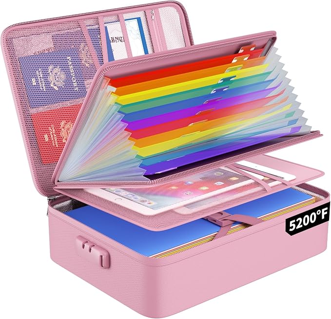 ENGPOW Fireproof File Organizer Bag with 13 Pockets Accordion File Folder | 5200℉ Document Organizer Box with Lock & Labels, Multi-Layer, Portable Home Safe Storage for Important Documents, Pink