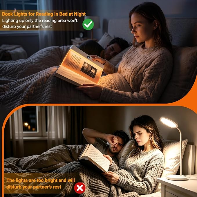Amber Book Light, Rechargeable Clear LED Flat Reading Light with 3 Colors & Timer, Dimmable Panel Plate Lamp Book Full Page Light for Reading in Bed at Night, Funny Gifts for Readers Book Lovers