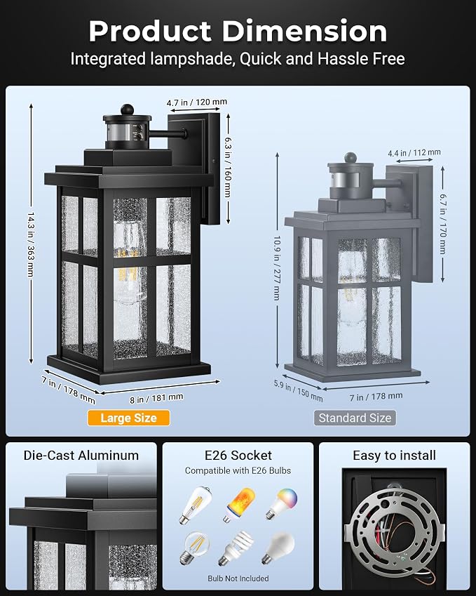 VIANIS Large Motion Sensor Porch Lights Outdoor, Outdoor Wall Lantern | Black Dusk to Dawn Exterior Lighting Fixtures Wall Mount for House, Anti-Rust Waterproof Outdoor Sconce Lights for Garage