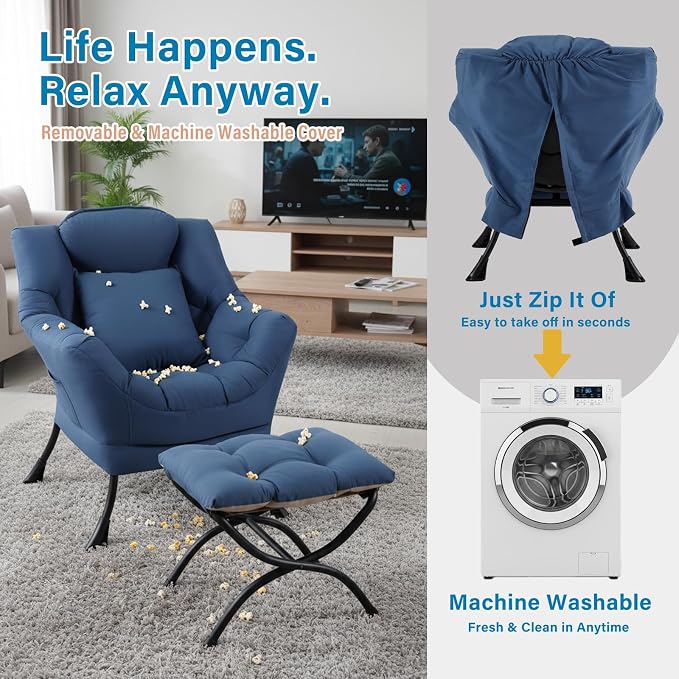 Lazy Chair with Ottoman, Comfy Reading Chair for Bedroom, Blue | Comfy Bedroom Accent Chair with Washable Removable Cover and extra throw pillow for Living Room Dorm