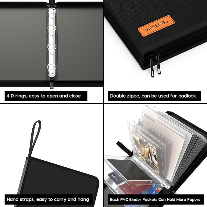 Important Document Organizer Binder, Birth Certificate Protector | Fireproof, Waterproof, Document Protectors, Social Security Card Holder, Passport Storage, 4 Ring Zipper Binder