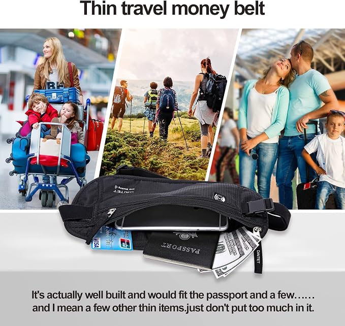 Money Belt - Passport Holder Secure Hidden Travel Wallet with RFID Blocking, Undercover Fanny Pack (Black)