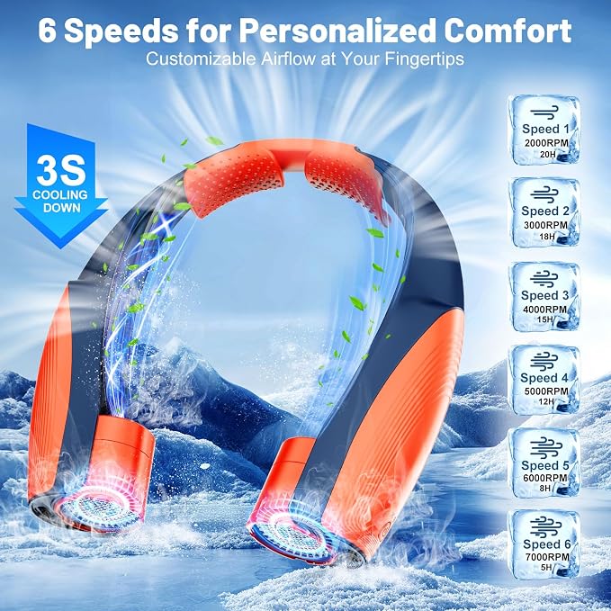 Portable Neck Fan with 6 Powerful Speeds, 8000mAh Battery Rechargeable Fan | 20H Runtime Long Lasting, Hands-Free 360° Cooling Personal Wearable Neck Fan, Gift for Women Men Travel Concerts