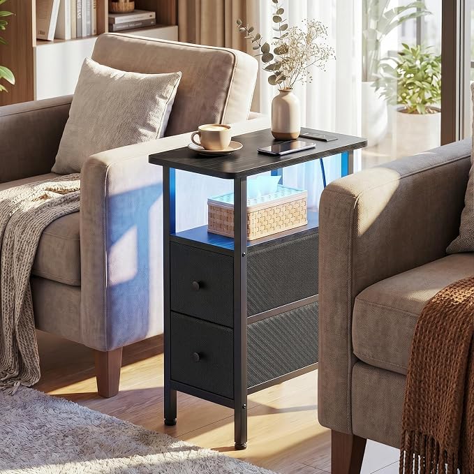 Narrow End Table with Charging Station, Small Nightstand | Skinny Side Tables Living Room with 2 Fabric Drawers, Bedside Table with LED Lights for Bedroom, Small Spaces, Black