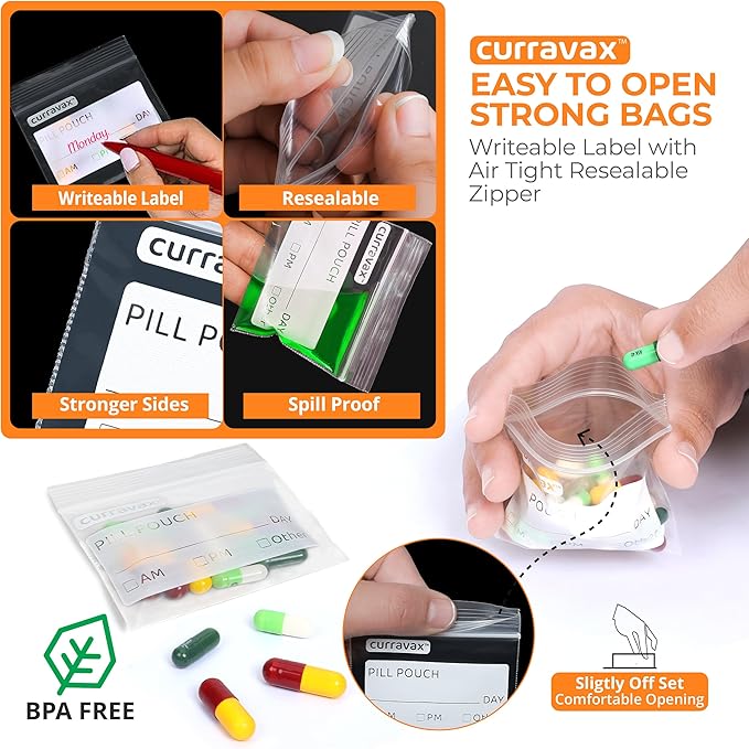 Pill Bags Pack of 225- BPA Free 3 x 2.75 inch Pill Pouch - Pill Pouches for Medicine with Write on Label –Clear Ziplock Pill Baggies for Travel Medicine Organizer