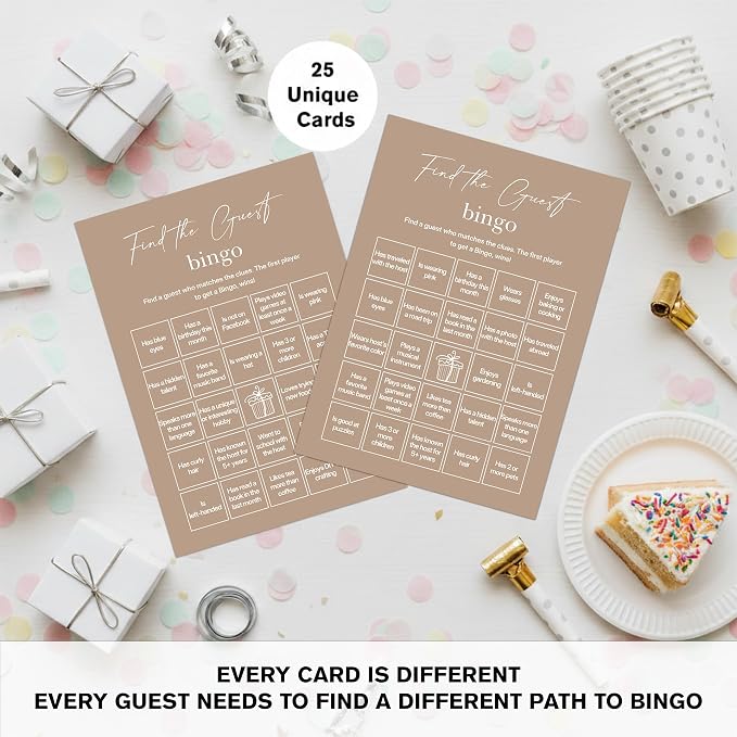 Find The Guest Bingo Cards – 25 Unique Cards, Icebreaker Party Games for Adults, Rustic Brown Mingle Activity for Birthday Parties, Family Reunions, Office Events & Friendsgiving