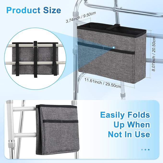 Rhino Valley Walker Basket for Walkers Accessories for Seniors,Gray | Basket for Walkers with Multi Pockets, Hand-free Carry Pouch Storage Bag Walker Accessories for Universal Walkers for Seniors