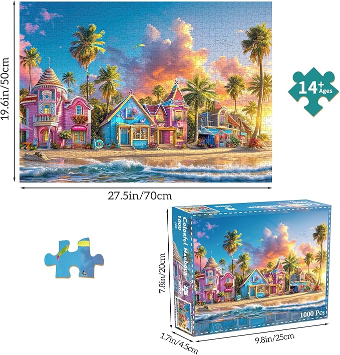 Puzzles for Adults 1000 Pieces,Romantic Beach Jigsaw Puzzle with 1:1 HD Poster,1000 piece Puzzles with Letters on Back, Stress Relief Ideal Gift for Family Games
