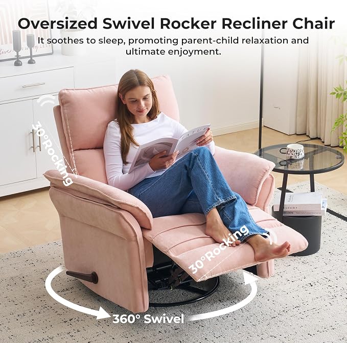 Oversized Recliner Chair, 24" Extra Wide 360° Swivel Rocker Recliner with Adjustable Headrest, Chenille Glider Rocking Nursery Chair with Overstuffed Armrest, Lumbar Support, Pink