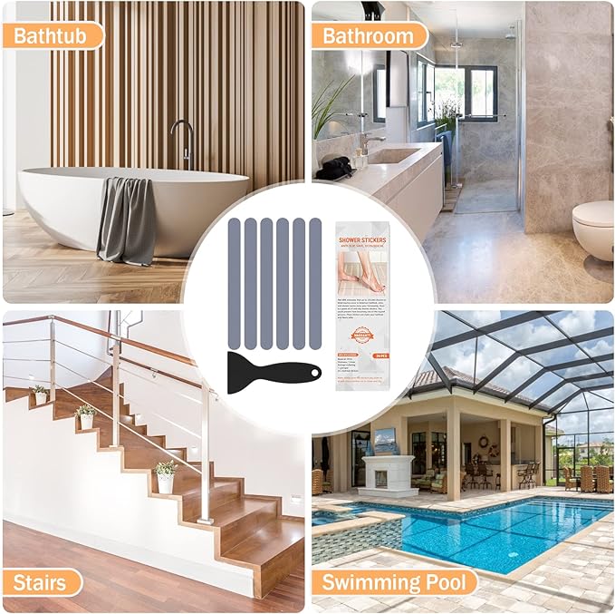 Non Slip Bathtub Stickers, 24 PCS Shower Stickers for Safety Bathroom Tubs, Bathtub Non Slip Stickers and Adhesive Decals Scraper for Bath Tub, Shower Floor, Stairs, Ladders(Grey)