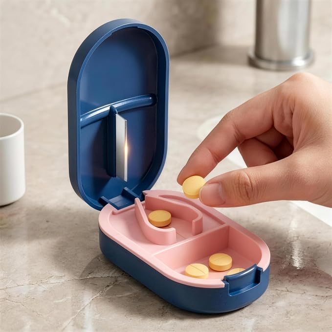 Pill Splitter with Stainless Steel Blade, BPA-Free Pill Cutter, V-Shaped Precision Pill Cutting Device, Portable Travel Pill Divider for Cutting 1/2 1/4 1/8 Small Medium Pills (Blue)