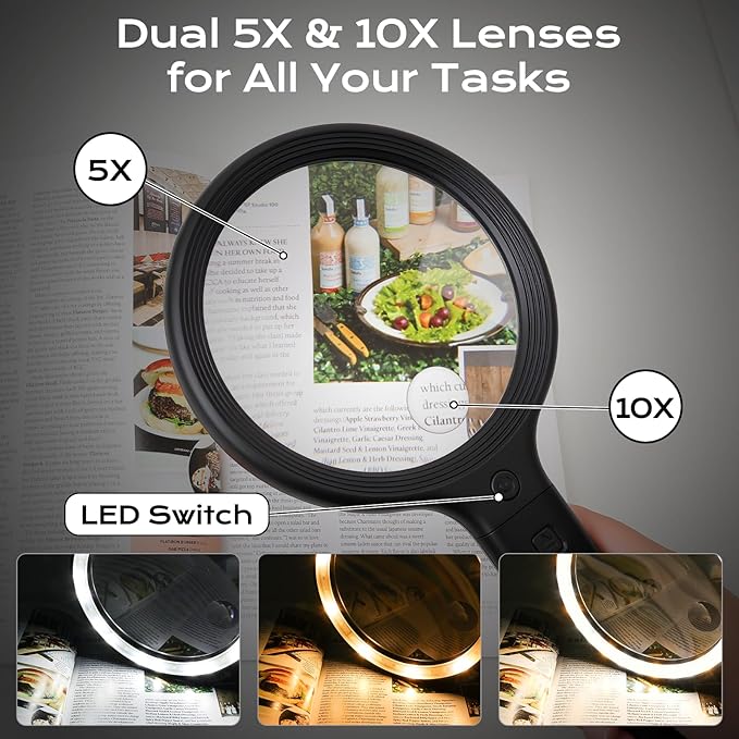 Hands Free & Handheld 10X/5X Magnifying Glass, Rechargeable 30 LED with 3 Light Modes for Seniors with Low Vision, Reading, Crafting (Black)