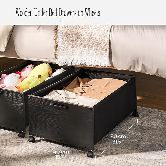 FOUCSSOMEI Under Bed Storage with Wheels, Wooden Under Bed Drawers On Wheels, Rolling Under Bed Shoe Storage, Space Saving, Black,Quadruple Size,90L