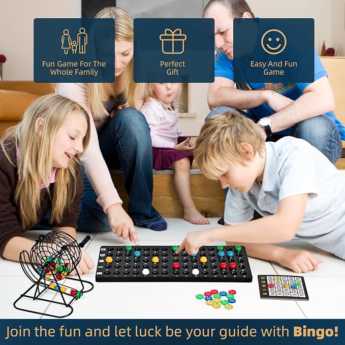 Doublefan Bingo Deluxe Game Set for Adults and Kids - Includes 8 Inch Wheel Cage, 75 Balls, Master Board, 50 Cards and Colorful Chips - Fun Family Game Night