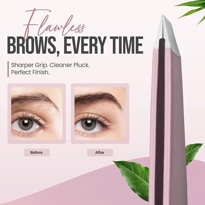 Professional Slant Tip Tweezers - Precision Stainless Steel Eyebrow Plucking Tool for Women and Men, Ingrown Hair Remover, Facial Hair Tweezers for Grooming (Rose Quartz)