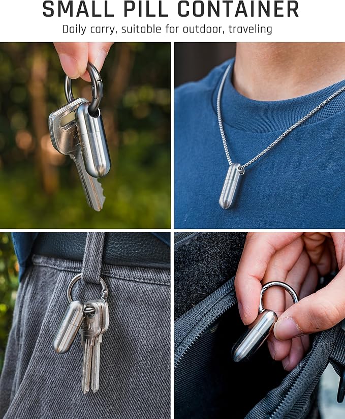 TISUR Small Titanium Keychain Pill Holder, Pocket Pill Case for Travel | Waterproof Pill Fob,Portable Pill Box Container,Purse Pill Organizer Tube